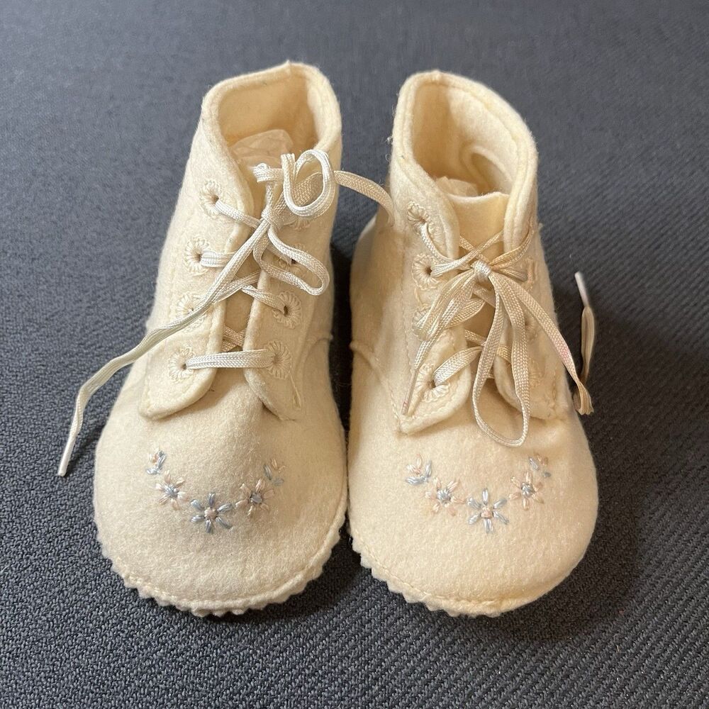 Vtg Baby Deer Trimfoot Wool Felt High Top Baby Shoes Booties Embroidered Flowers